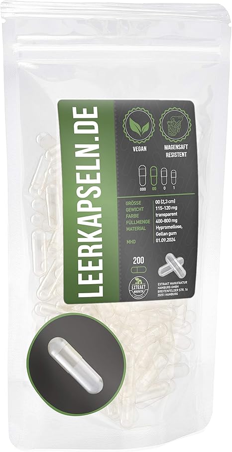 Gastric Juice Resistant Empty Capsules Size 00 Enteric Juice-Resistant Empty Capsules Vegan High Quality Dissolve Only in the Small Intestine (Pack of 200 Size 00)