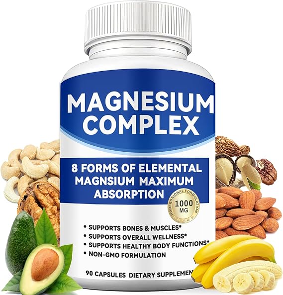 Magnesium Complex 1000mg with 8 Forms Glycinate, Citrate, Malate, Taurate for Absorption Supports Bone, Muscle, Energy & Recovery Vegan, Non-GMO, 90 Capsules (1)