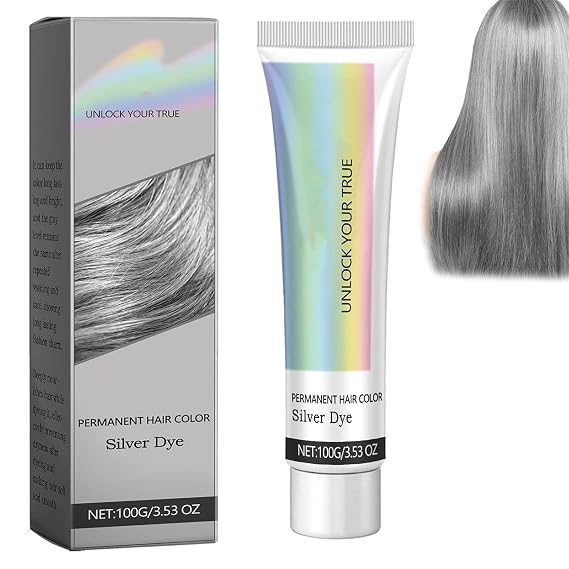 2 in 1 Natural Essence Extract Silver Hair Dye, Silver Metallic Hair Dye,Silver Gray Hair Dye, Silver Gray Natural Hair Dye Cream,Instant Natural Hairstyle Cream Dye,Permanent Hair Dye (Silver, 1PC)