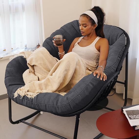 Papasan Rocking Chair, Oversized Rocking Papasan Chair Rattan Papasan Chair w Cushion, Wicker Egg Chair Rocker Outdoor Front Porch Chair, Big Comfy Rocking Chair for Outdoor(Dark Grey)