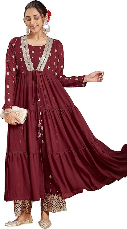 Janasya Indian Women's Georgette Maroon Foil Print Festive Wear Kurta Set for Women