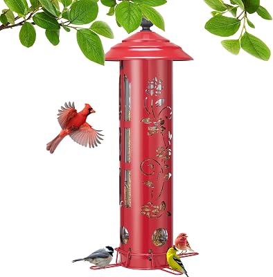 Veehoo Squirrel Proof Bird Feeder for Outdoors, Hanging Wild Bird Feeder Anti Squirrel with Weight-Activated Perches, Metal Cardinal Finch Feeder Outside Decorative for Thistle and Mixed Seed, Red