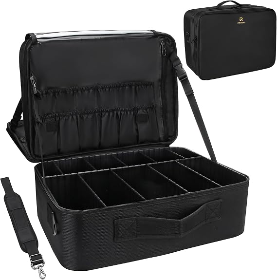 Relavel Extra Large Travel Makeup Case, Cosmetics Case with Adjustable Compartment & Shoulder Strap, Portable Makeup Bag Train Case Professional Artist Bag Vanity Case Nail Organizer Box, Black