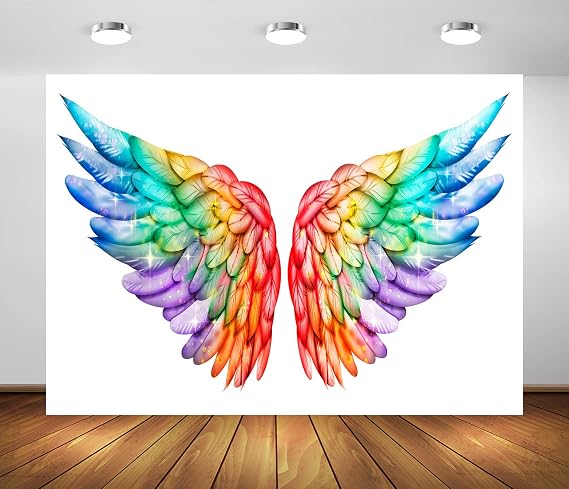 BELECO 5x3ft Fabric Magic Angel Wings Backdrop for Photography - Bright Rainbow, Shiny Glitter on White Background - Colorful Backdrop for LGBT Pride Party Decoration, Photo Studio Props
