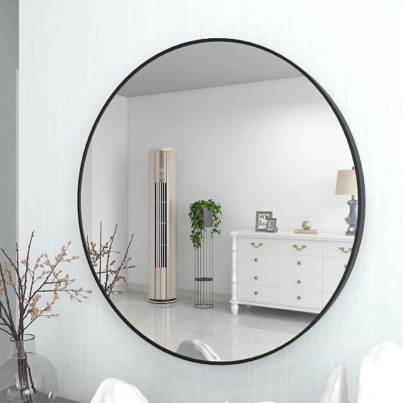28 Inch Round Mirror Oversized Wall Mirror Metal Framed Bathroom Mirror Wall-Mounted Mirror Large Modern Circle Mirror for Bathroom, Living Room, Home Decoration (Black, 28 inch)