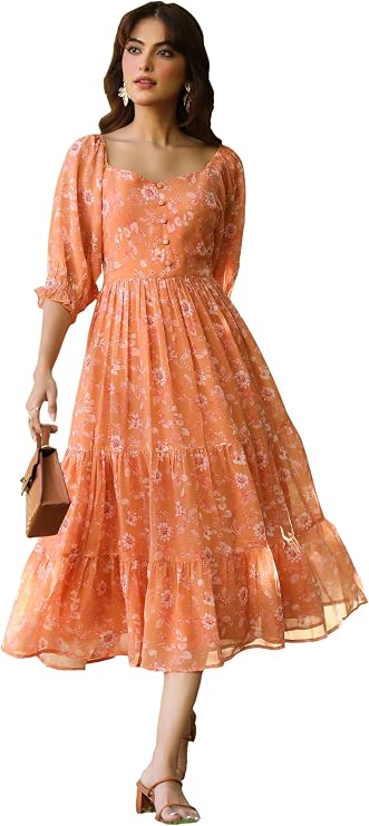Janasya Women's Orange Flowy Floral Print Flared Casual wear Trendy Dress for Women