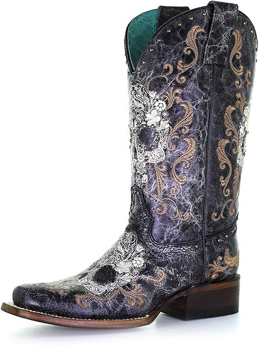 Corral Boots Women's White Floral Sugar Skull Embroidery & Studs Square Toe Mid-Calf Leather Western Cowboy Boots