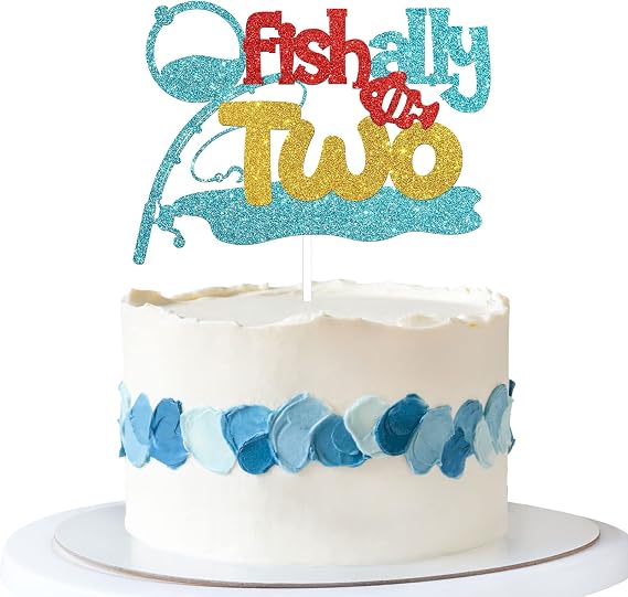 Ofishally Two Cake Topper, Happy 2nd Birthday Cake Decor for Boys Girls, Fishing Theme Second Birthday Party Decorations Supplies (Blue Glitter)