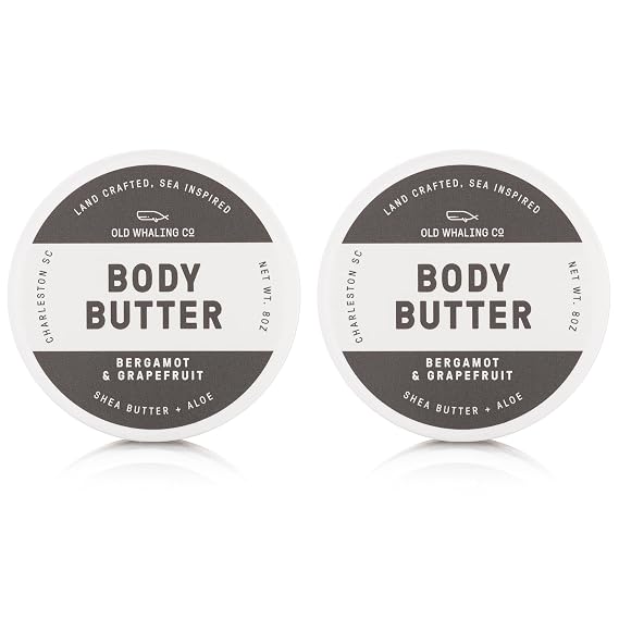 OLD WHALING CO Bergamot and Grapefruit Body Butter 2 Pack Soothing Cream with Shea Butter, Aloe and Sunflower Oil Fruity, Citrus Scent, 8 oz Jars, Set of 2