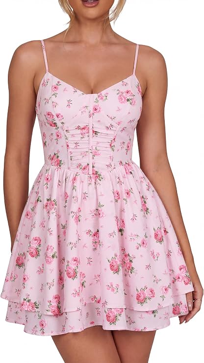 Parthea Womens Floral Graduation Mini Dress Ruched Ruffle Lace Up A Line Flowy Party Short Dresses