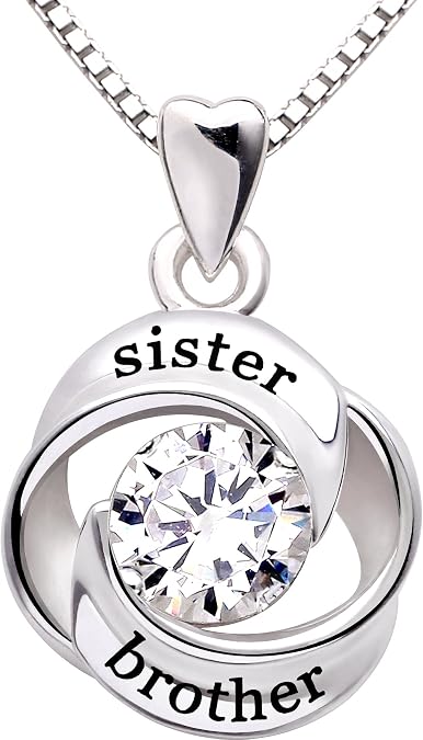 ALOV Jewelry Sterling Silver sister and brother Love Heart Cubic Zirconia Pendant Necklace