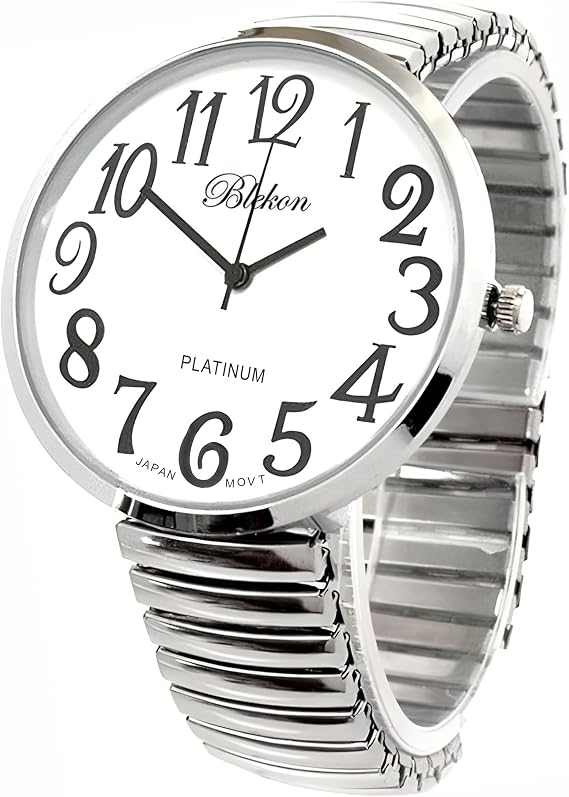 Blekon Collections Silver Super Large White Face Case Size 43mm EXTRA LARGE Stretch Band Japanese Movement PC21J Fashion Watch