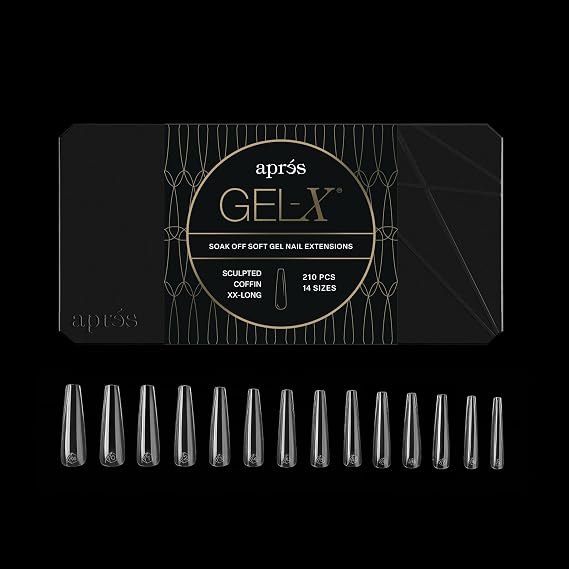 Apres Gel-X Coffin Box of Nail Tips | 280 Gel-X Tips, Soft Tips, 14 Sizes 00-9 | Half-sizes Included (Sculpted Coffin Extra Extra Long, 280 Count)