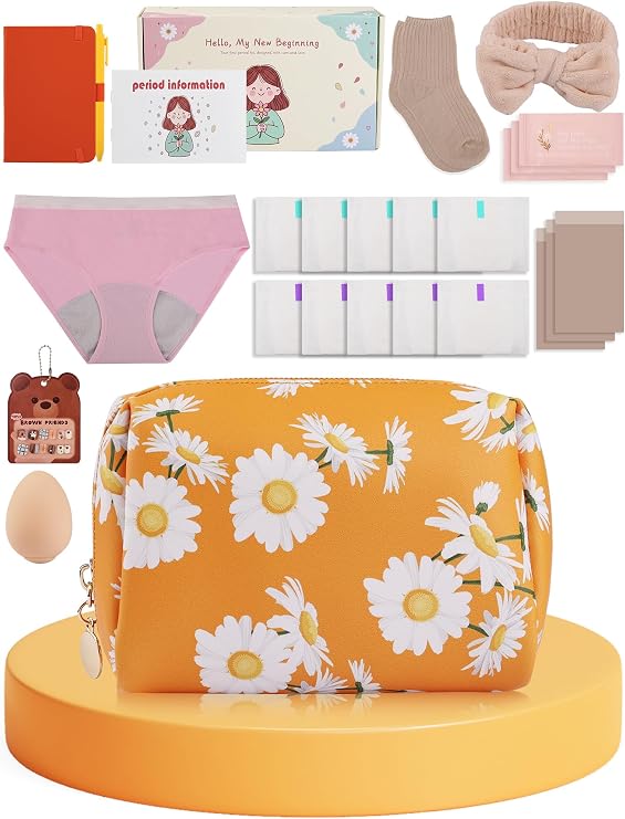 First Period Gift Kit for Girls 9-12 | Complete Tween Period Set with Daisy Yellow Bag, Leak-Proof Panties, Teen Pads, Wipes, Diary, Nail Stickers & More Perfect for School & Travel (M)