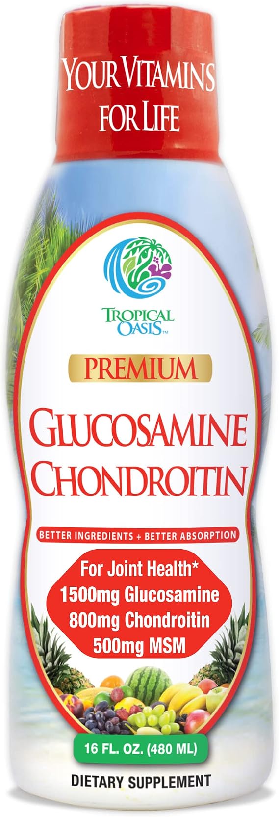 Tropical OasisPremium Liquid Glucosamine Chondroitin & MSM- Liquid Joint Support Formula 1500mg Glucosamine, 800mg Chondroitin, 500mg MSM - 16 Fl Oz