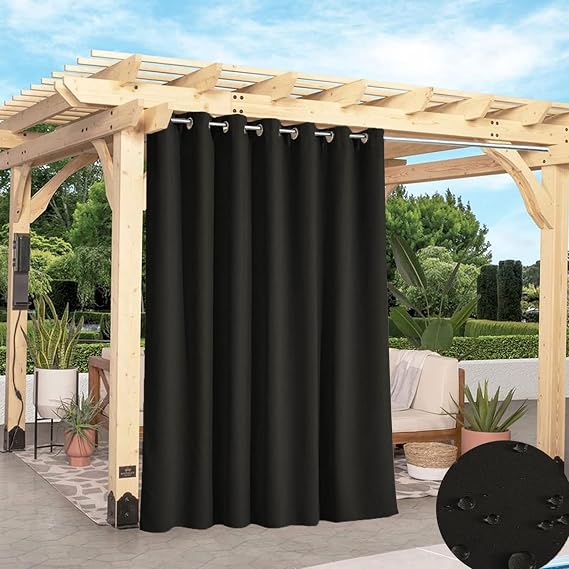TECDOTO Outdoor Curtains for Patio Waterproof Weatherproof Drapes with Grommet Sun Blocking Outside Curtain for Porch, Pergola and Cabana | 1 Panel, Black, W63''*H84''