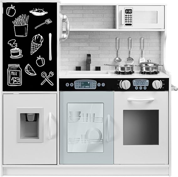 Best Choice Products Wooden Play Kitchen for Kids, Pretend Play Cooking Toy Set with Sink, Oven, Microwave, Refrigerator, Ice Maker & Accessories, Kitchen Playset for Toddlers Ages 3+ Chalk