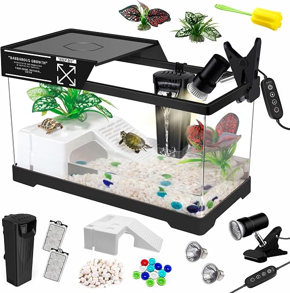GOZILLA Turtle Tank Kit(Tank+Lamp+Filter), Upgrade PC Turtle Tank Starter Kit with Adjustable Lamp & Filter, Reptile Habitat with Lid, Basking Platform for Small Reptiles.(15.75 7.9 9''/Black Kit)