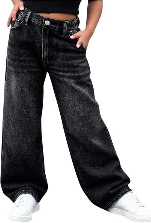 WDIRARA Girl's Baggy Jeans Y2K Vintage Low Elastic Waist Denim Pants with Pockets Streetwear