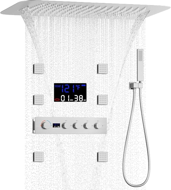 AYIVG Multifunctional Thermostatic Shower Set Digital Display Rain Shower System Brushed Nickel Shower Body Spray System Bathroom Full Body Shower Set With 16 * 24"Multi Shower Head