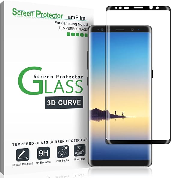 amFilm Glass Screen Protector for Samsung Galaxy Note 8, Full Screen Coverage, 3D Curved Tempered Glass, Dot Matrix with Easy Installation Tray (Black)