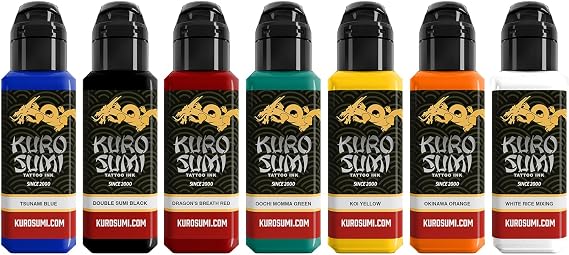 Kuro Sumi - Master Tattoo Kit, 7 Tattoo Ink Shades - Professional Tattoo Ink, Includes White - Skin-Safe Permanent Tattooing - Vegan (0.75 oz Each)