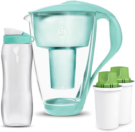 Dafi Crystal Glass Filtering Water Pitcher (Pitcher with 2 Alkaline Filters and Water Bottle, Mint)