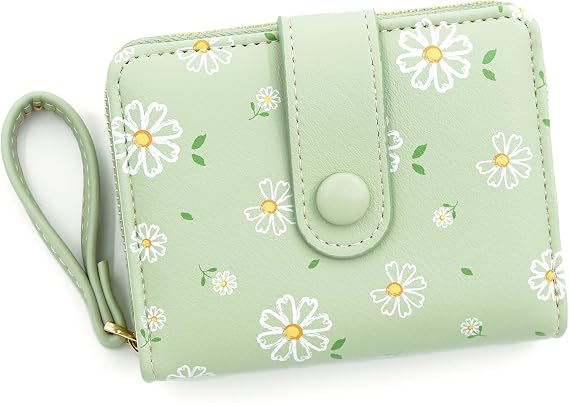 Women's Wallet, Fashion Cute Daisy Flowers Print Wallets with Exterior Zipper Around Coin Purse Bifold Bill Wallet with Credit Card Holder Id Window