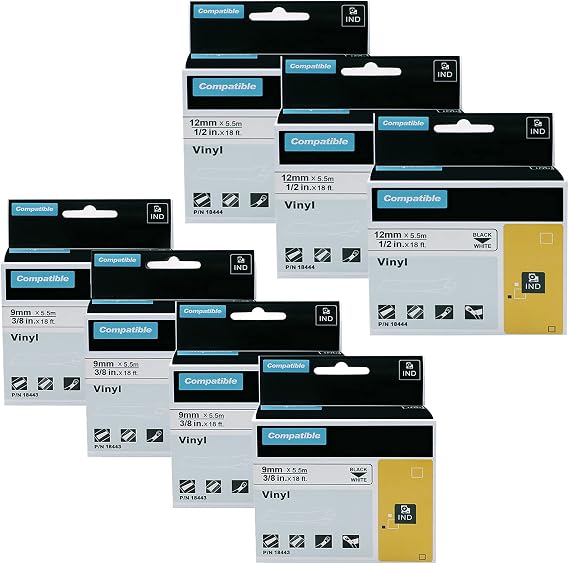 Compatible Industrial Label Tapes Replacement for DYMO 18444 18443 (1/2" 3/8") Permanent Vinyl Tapes Use with DYMO Rhino 4200 5200 5000 6000 Industrial Label Maker, Black on White, 18 Feet