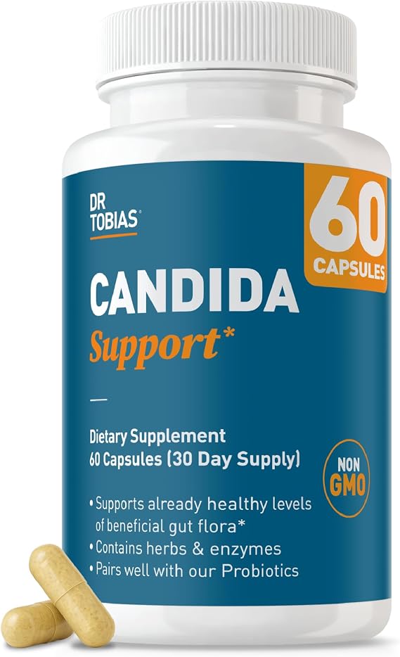 Dr. Tobias Candida Support, Gut Flora Balance Complex with Oregano, Caprylic Acid, Enzymes & Probiotics, Support Intestinal Detox Cleanse & Gut Health for Women & Men, 60 Capsules, 30 Servings