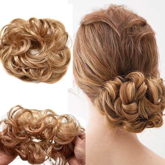 Messy Bun Hair Piece Extensions Scrunchies Curly Wavy Synthetic Chignon Tousled Updo Hairpieces for Women Girls (1224B# Brown Auburn & Pale Golden Blonde)