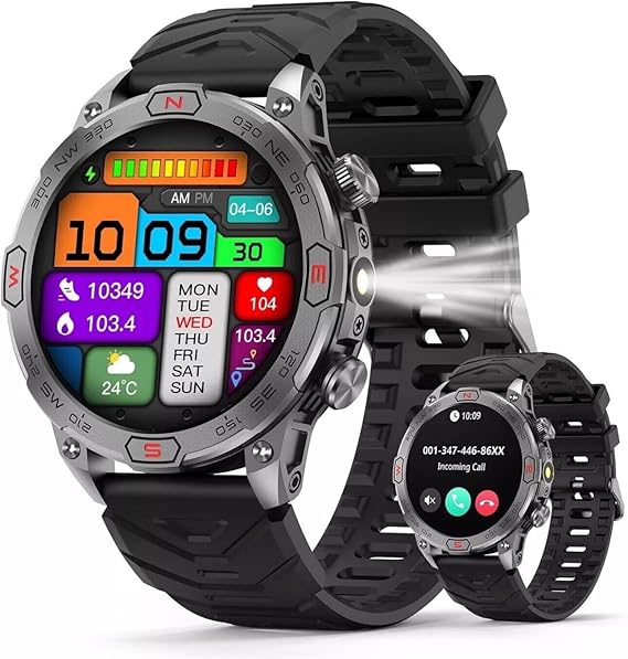 Smart Watch for Pine64 Pinephone - with LED Flashlight, 1.43" AMOLED Display, Outdoor Smartwatch with Compass/Altitude/Air Pressure, Waterproof Fitness Tracker Watch