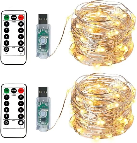 BXROIU 100LEDs Micro Fairy Lights 10 Meter Silver Wire with USB Remote Control 8 Program and Timing Dimming LED Lights for Party, Christmas, Wedding, Lighting Decoration Pack of 2 (Warm White) [Energy Class G]