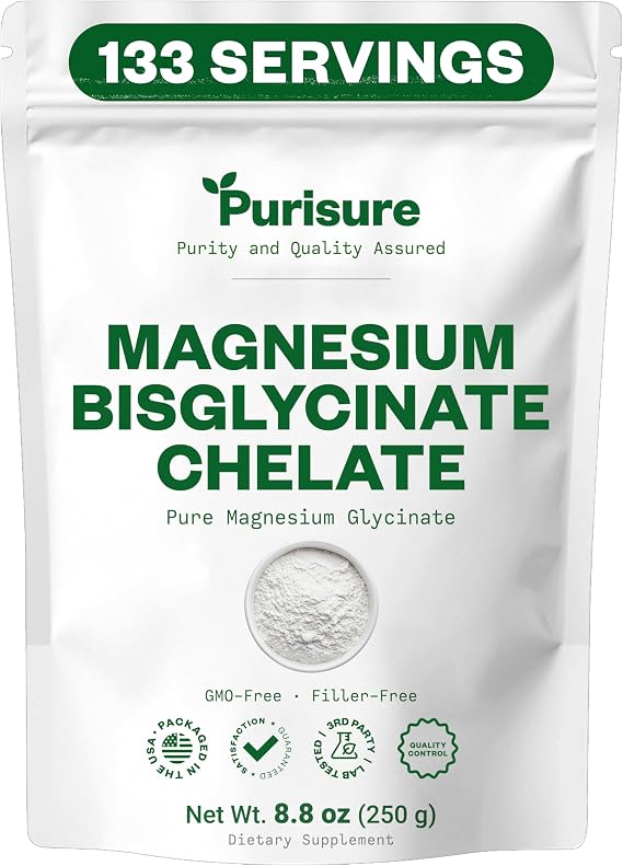 Purisure Magnesium Bisglycinate Chelate, 250g, Pure Magnesium Glycinate Powder for Bones, Magnesium Bisglycinate Chelate for Sleep and Muscle Flexibility, Gluten-Free, Non-GMO, 133 Servings