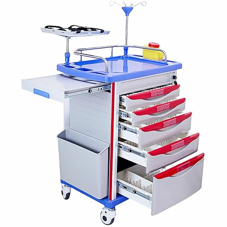 Crash Cart with Central Lock - Mobile Emergency Treatment Trolley with IV Pole, Cardiac Board, O2 Tank Holder, Trash Bin & 5 Drawers for Clinics Nursing Center