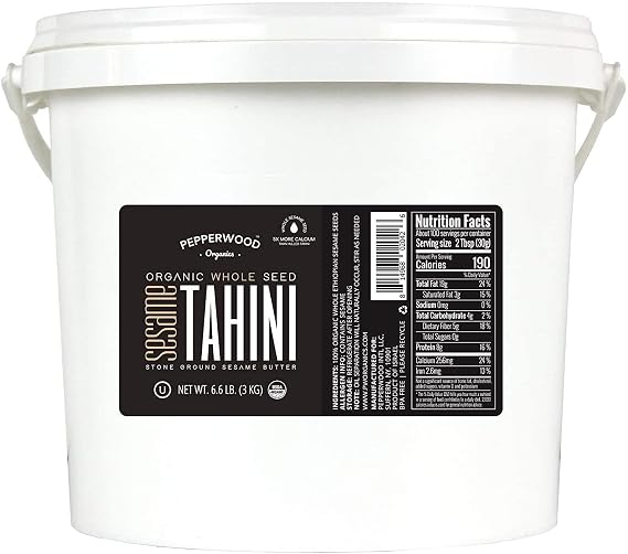 Organic Whole Sesame Tahini Paste - Bulk 6.6lb Bucket - Unhulled & Stone-Ground - Silky Smooth Texture in Hummus, Dips, Dressings - Unsalted, Nut-Free, Kosher, Paleo, Keto - Pepperwood Organics