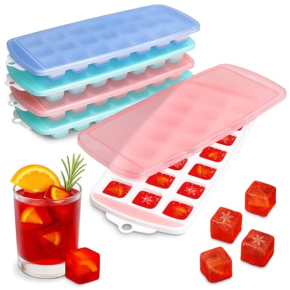 5 Pcs Silicone Ice Cube Trays with Lid, 105 Cubes Total, 21 per Mold | Durable, Flexible Molds Pop Ice Out with One Push, Rinse Clean - 12 x 4.8 In Freezer Trays for Water, Coffee, and Cocktails