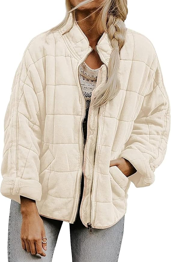 Women's Quilted Lightweight Jackets Casual Puffer Jacket Warm Winter Bomber Coats Oversized Zip Up Outerwear Pockets