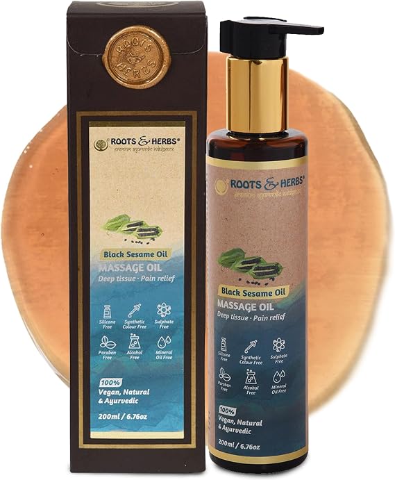 Black Sesame Seed Oil - Body Massage Oil Warmer with Cold-Pressed Black Seed Oil, Ayurvedic Herbs - Body Massage Oil for Massage Therapy - Roots and Herbs, 6.76 oz