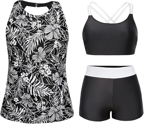 Tempt Me 3 Piece Swimsuit for Women Tankini Bathing Suit Modest High Neck Tank Tops Swimwear with Shorts