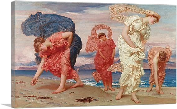 ARTCANVAS Greek Girls Picking up Pebbles by the Sea 1871 Canvas Art Print Stretched Framed Painting Picture Poster Giclee Wall Decor by Frederic Leighton - 26" x 18" (0.75" Deep)