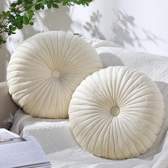 Namalu 2 Pcs Round Throw Pillows, 13.8" Velvet Pumpkin Pillows, Cream
