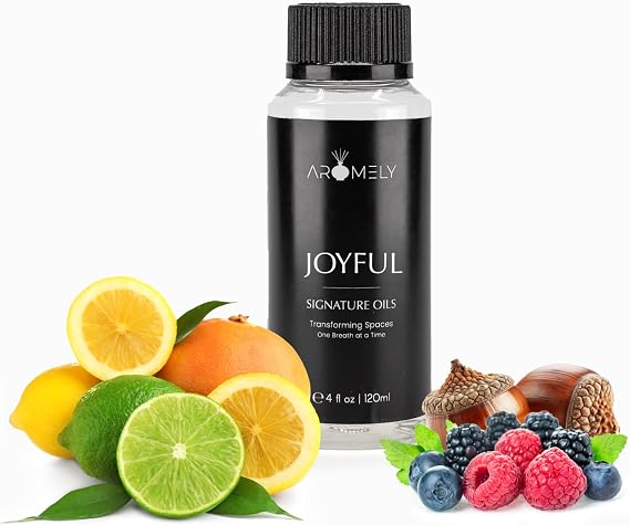 Joyful by Aromely Essential Diffuser Oil Blend - Signature Diffuser Aroma Scent - Luxurious Fragrance with Notes of Lemon, Oranges, Basil, BlackBerry, Red Berries, Musk and Oak (120ml)