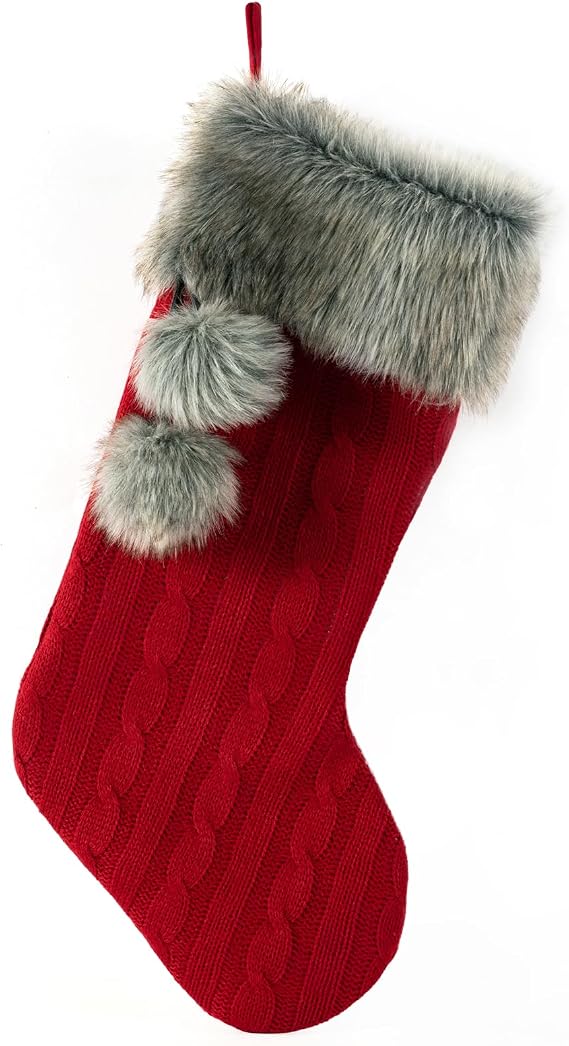 Cable Knit Christmas Stockings with Faux Fur Cuff Large Knitted Xmas Stockings Rustic Hanging Stockings Ornament Holiday Party Decorations (Burgundy)