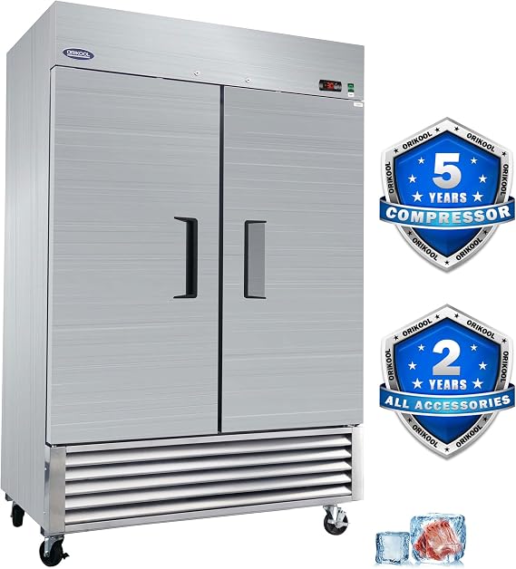 54" Commercial Freezer, 49 Cu.Ft Upright Freezer with 2 Solid Door, Stainless Steel Reach-in Freezer,10F ~ 10F, Fan Cooling Freezer with 6 Shelves for Garage Restaurant Bar, ETL and DOE Approved