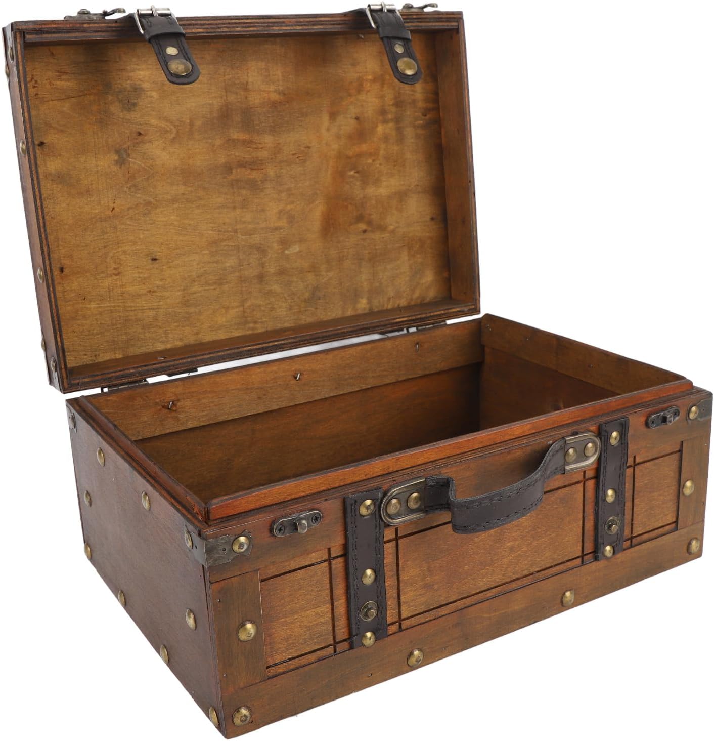 Wooden Storage Chest, Wooden Storage Trunk Retro Suitcase with Antique Bronze Latch Leather Handle for Home Decor Large