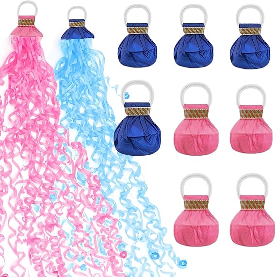 10 Pack Hand Throw Streamers Poppers,Blue Pink Hand Throw Crepe Paper Streamers for Party.Pastel Blue Pink Streamers Poppers with 30 Poppers Ribbons,No Mess Confetti for Birthday Baby Shower