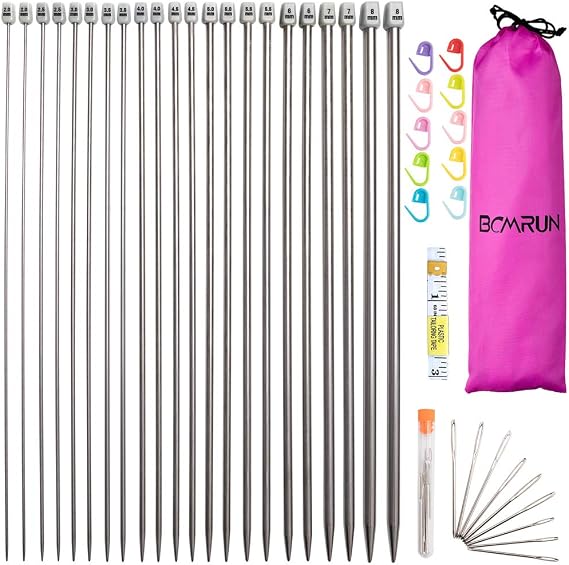 BCMRUN Knitting Needle Set, 22PCS 2mm(B)-8mm(L) Straight Single Pointed Stainless Steel Sweater Needles Set(11Pair-11 Size,9.8 inch) with Locking Stitch Makers Large-Eye Needles Measure Tape (36CM)