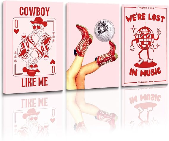 Godont Retro Disco Ball Pink Girl Cowboy Boots Poster Cute Cartoon Music Picture Cool Funky Country Western Aesthetic Girl Wall Art Paintings Pink Canvas Decorate 12x16x3 In Unframed