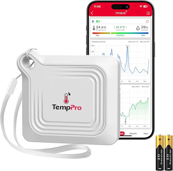 ThermoPro TP351 Bluetooth Akıllı İç Mekan Termometre ve Nem Ölçer, 80m Menzilli Mobil Uygulama Destekli ve Işıklı Higrometre